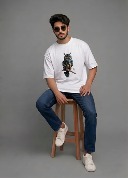 Evenway Premium Artistic Owl Graphic Oversized Cotton Tee