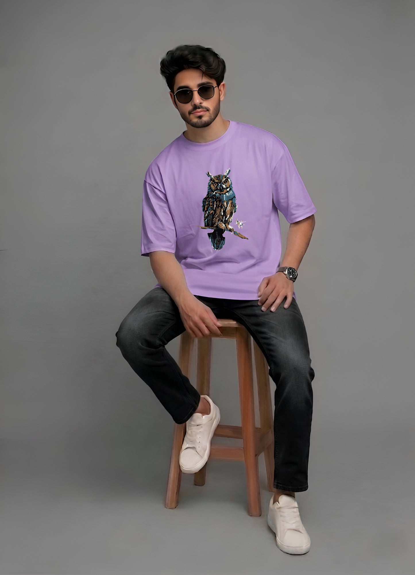 Evenway Premium Artistic Owl Graphic Oversized Cotton Tee