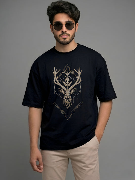 Evenway Mystic Stag Geometric T-Shirt | Premium Beige Oversized Streetwear