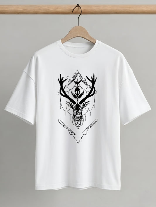 Evenway Oversized Deer Graphic T-Shirt | Minimal Streetwear Cotton Antler Design