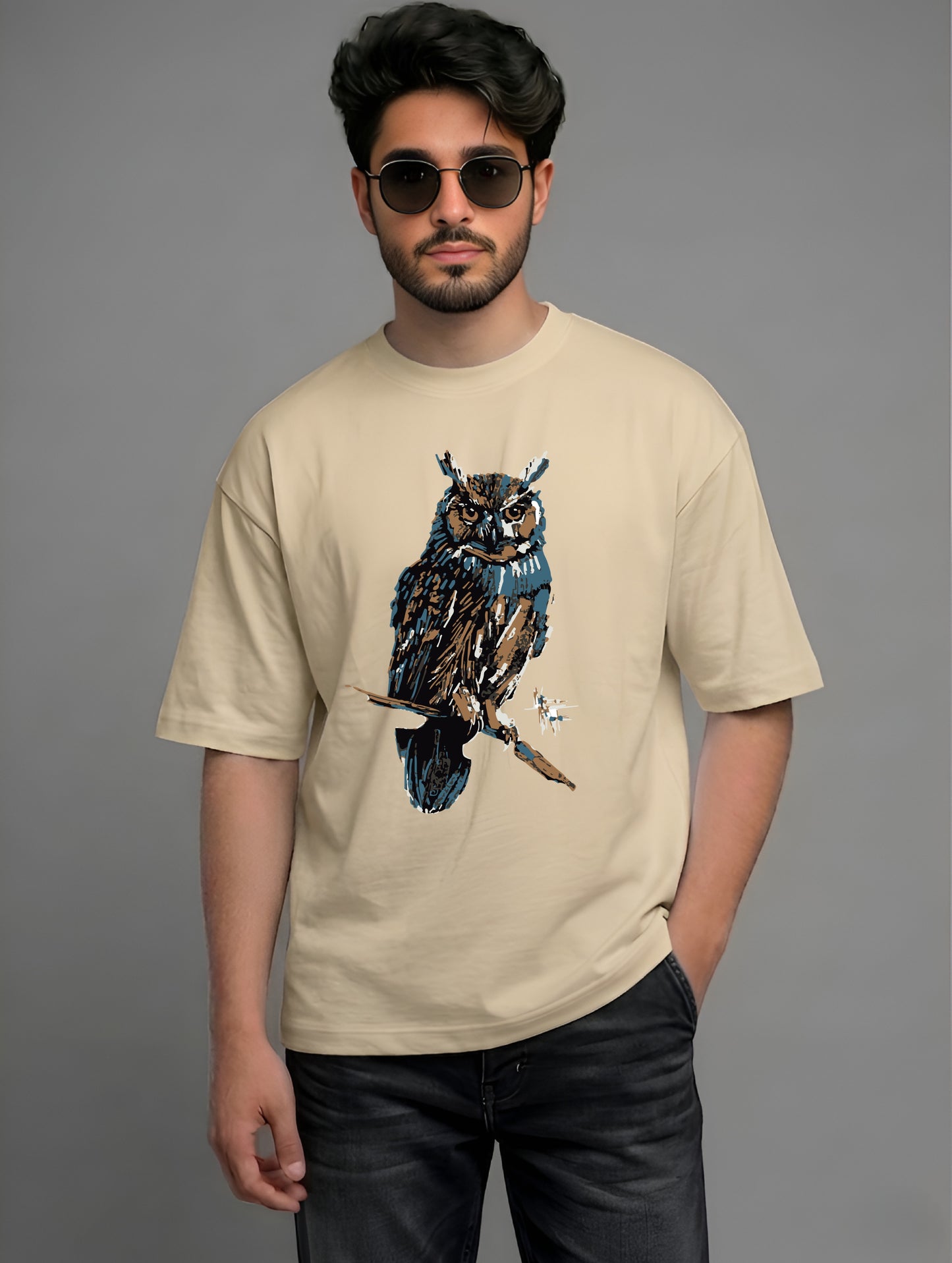 Evenway Premium Artistic Owl Graphic Oversized Cotton Tee