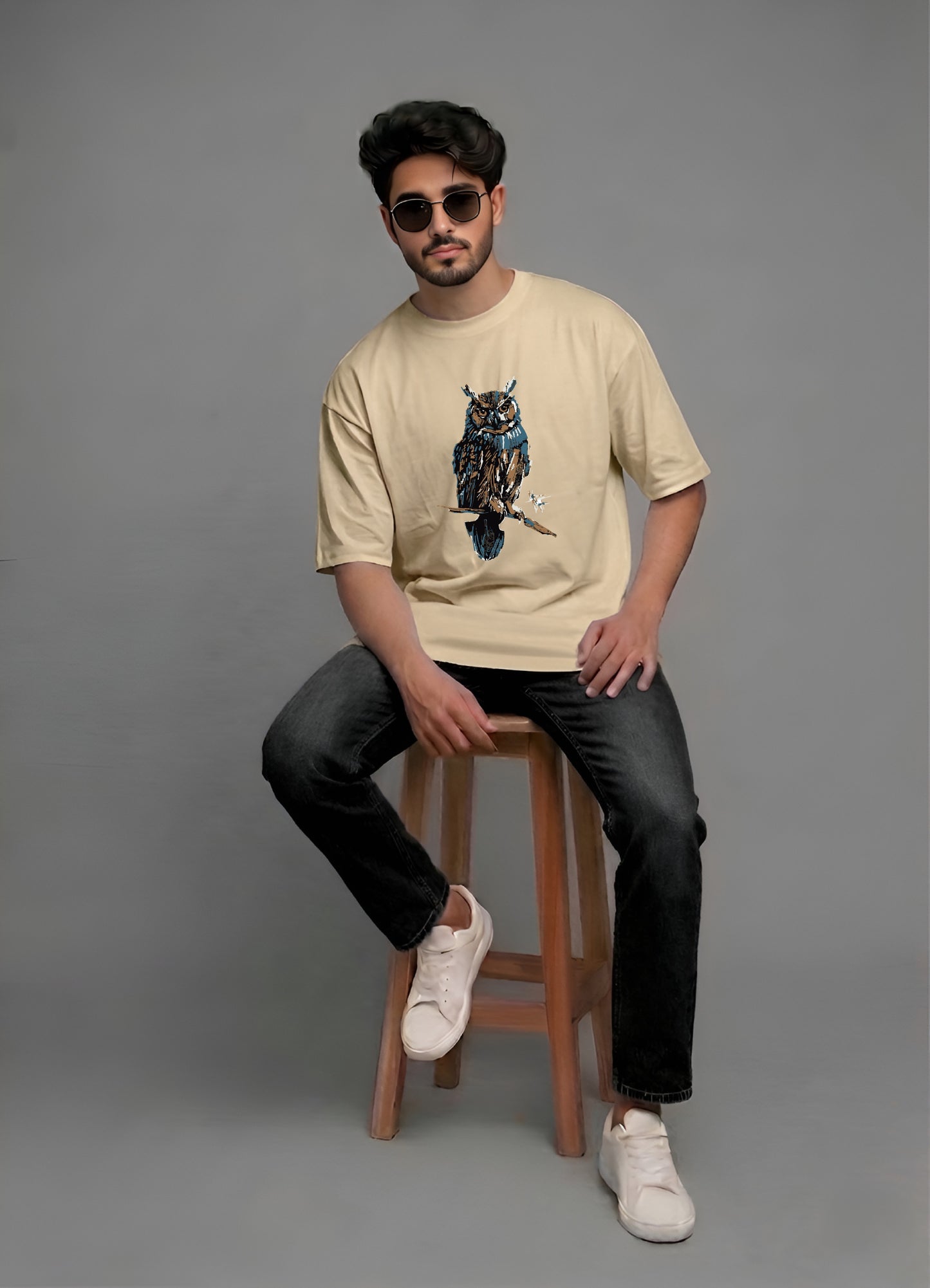 Evenway Premium Artistic Owl Graphic Oversized Cotton Tee
