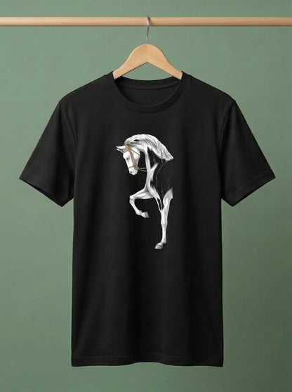 Men's Premium T-Shirt with Artistic White Horse Graphic Print | Stylish Cotton Tee