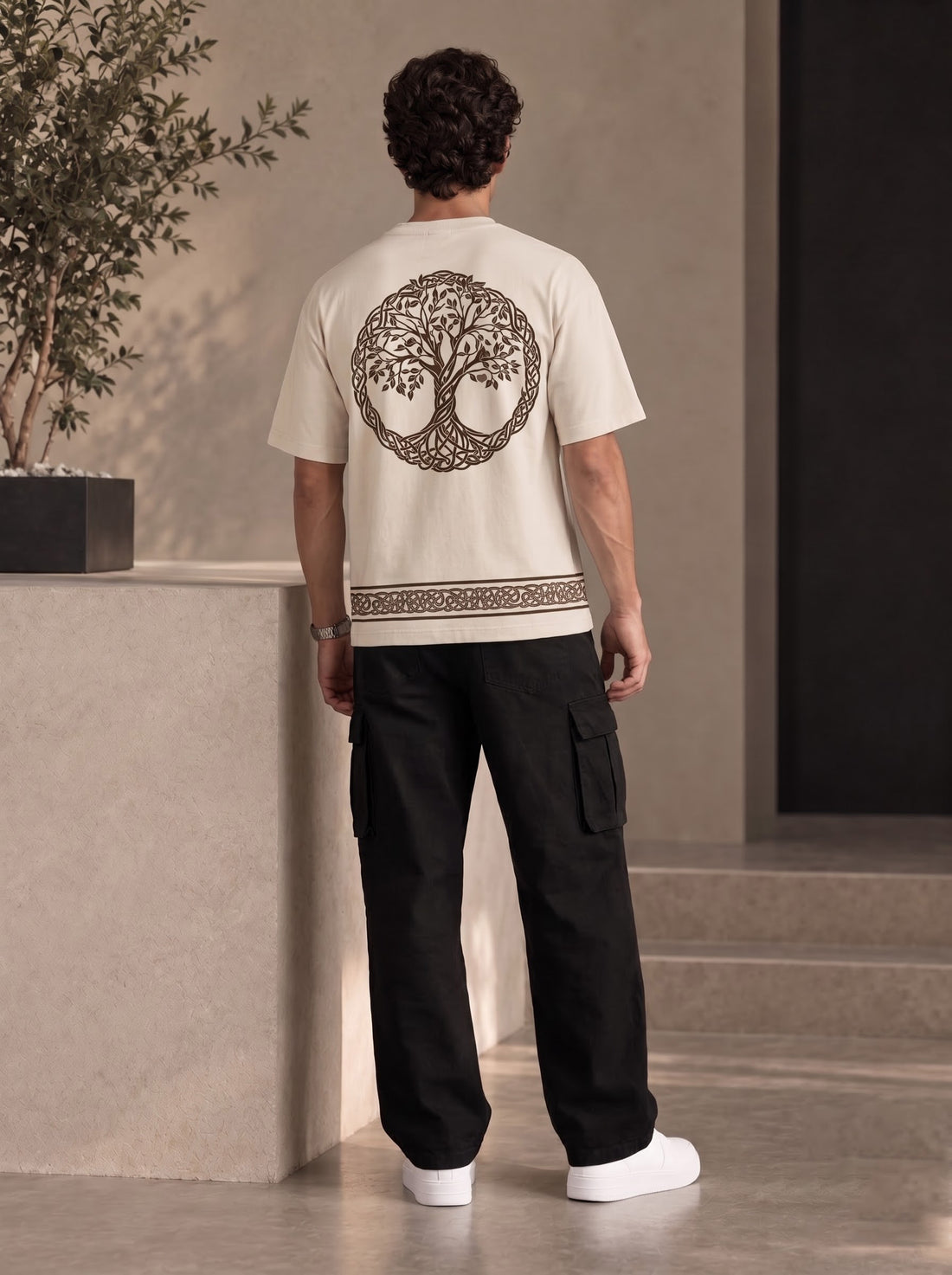 Evenway Beige Graphic Print Oversized T-Shirt for Men