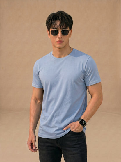 Men's Light Blue Crewneck Tee - Soft Cotton Basic