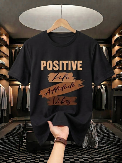 Evenway Men's Navy Blue Positive Life Attitude Vibes Graphic Printed Cotton Round Neck T-Shirt