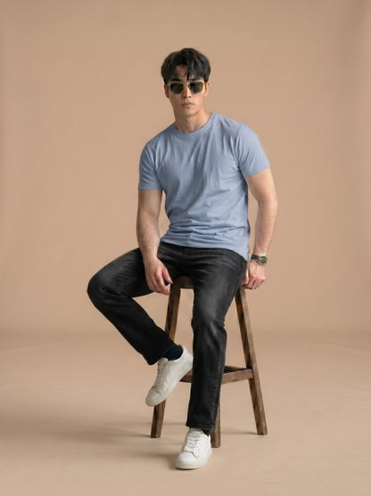 Men's Light Blue Crewneck Tee - Soft Cotton Basic